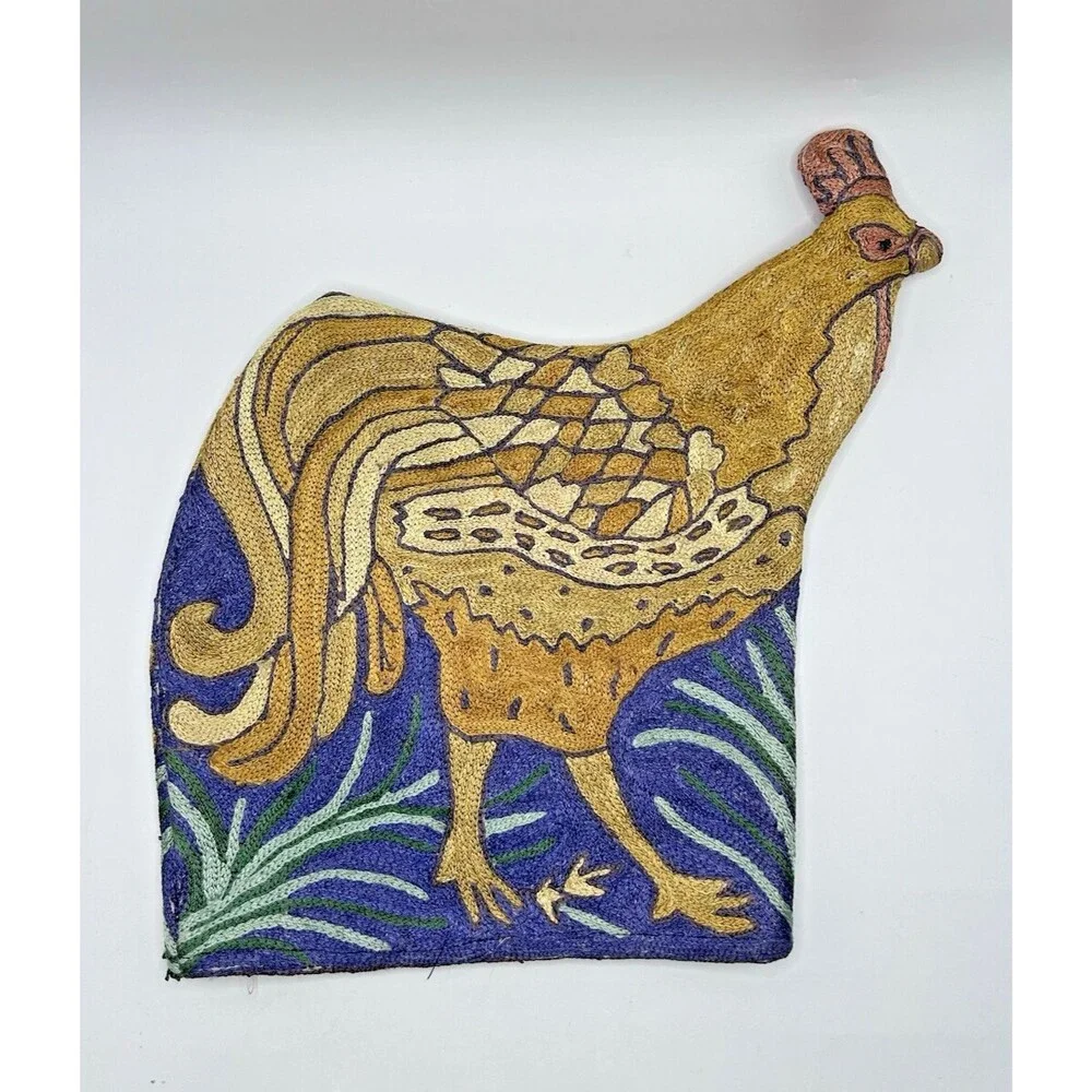 Handmade Rooster Chicken Teapot Cozy Cover Chainstitch Embroidery Crewel